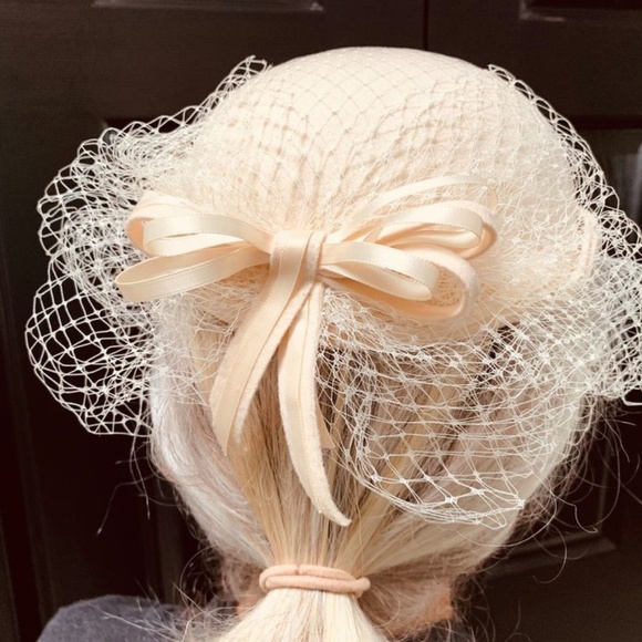 Womens Hat & Veil with Braid Satin Trim Bow MINT Georgette Wedding Bridal - Picture 2 of 7